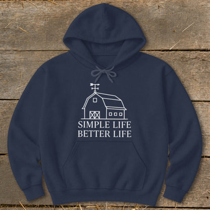 Navy hoodie with white barn graphic and "Simple Life Better Life" text.