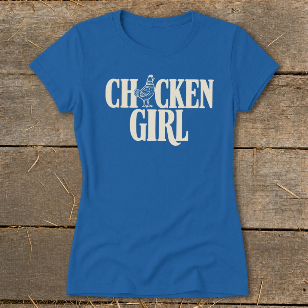 Blue t-shirt with "CHICKEN GIRL" text and a chicken graphic.