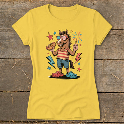 Cartoon horse wearing sunglasses, holding hot dog, and sparkler on yellow t-shirt.
