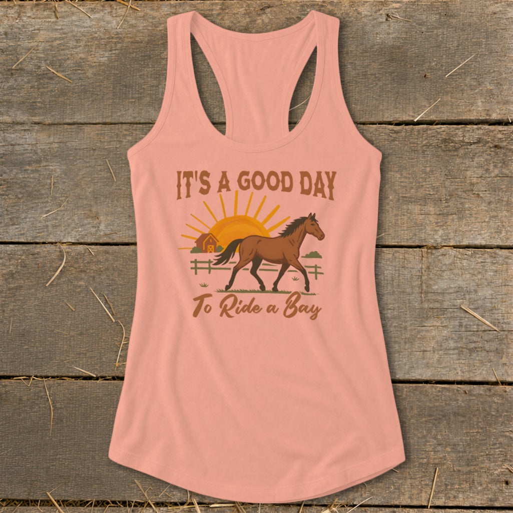 Peach tank top with a bay horse, sun, barn, and fence graphic.