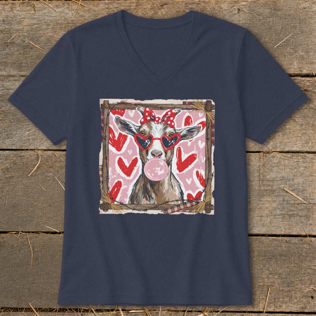 Goat with heart sunglasses and bow blowing bubblegum, with hearts background.