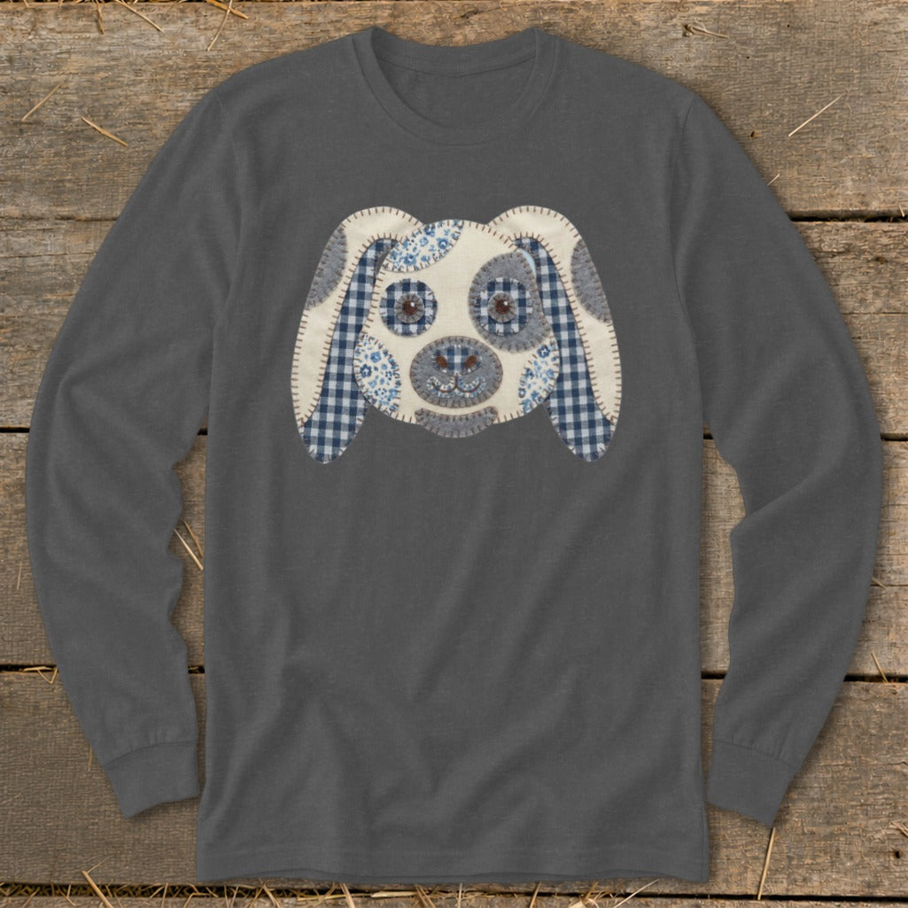 Long-sleeve grey shirt with a fabric applique of a dog's face.