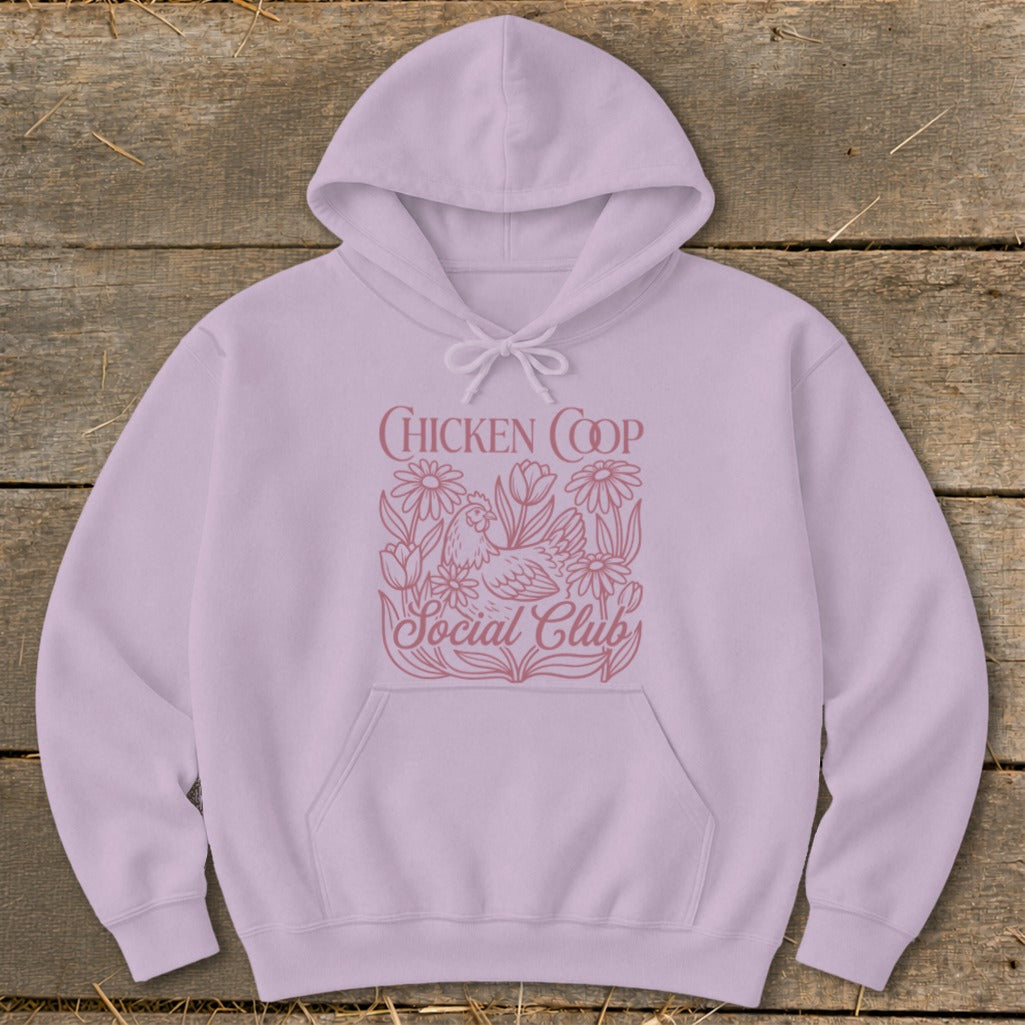 Lavender hoodie with "Chicken Coop Social Club" text and chicken illustration.