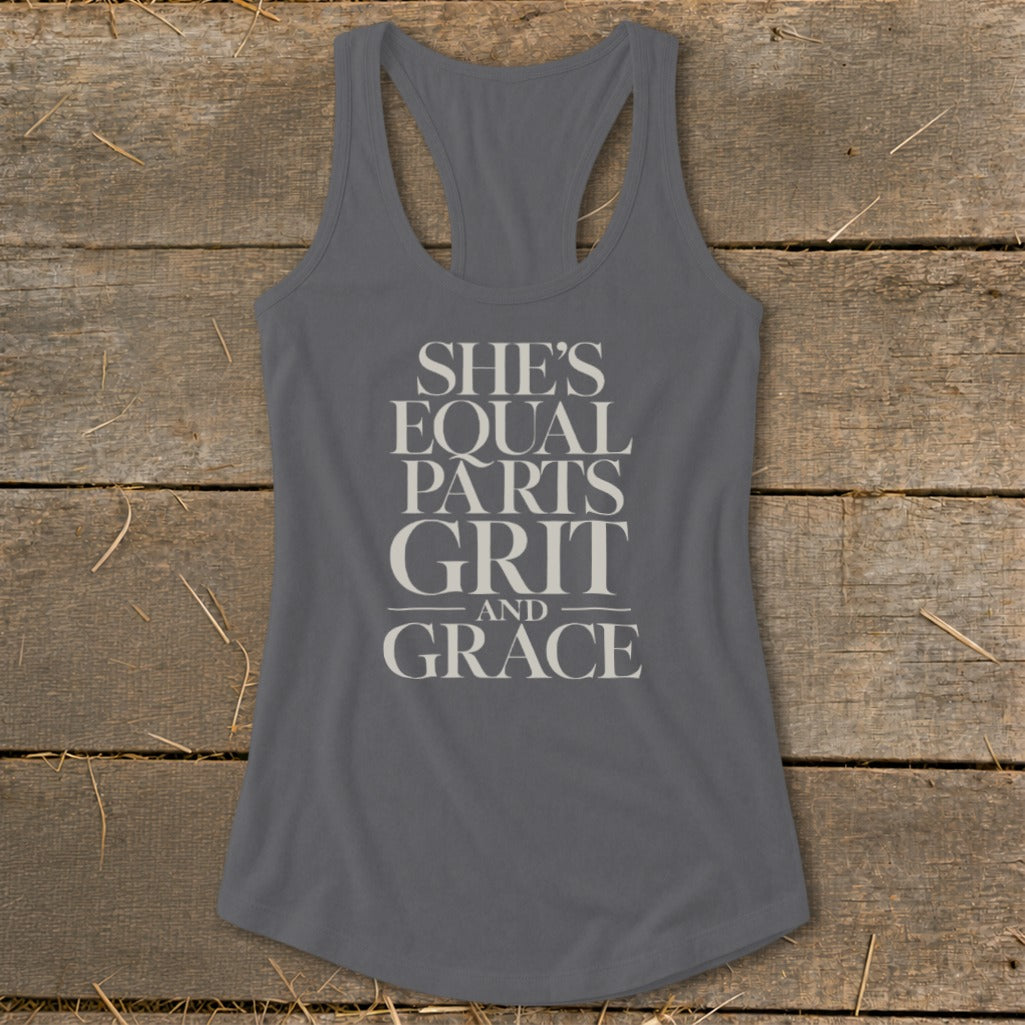 Gray racerback tank top with "SHE'S EQUAL PARTS GRIT AND GRACE" text.