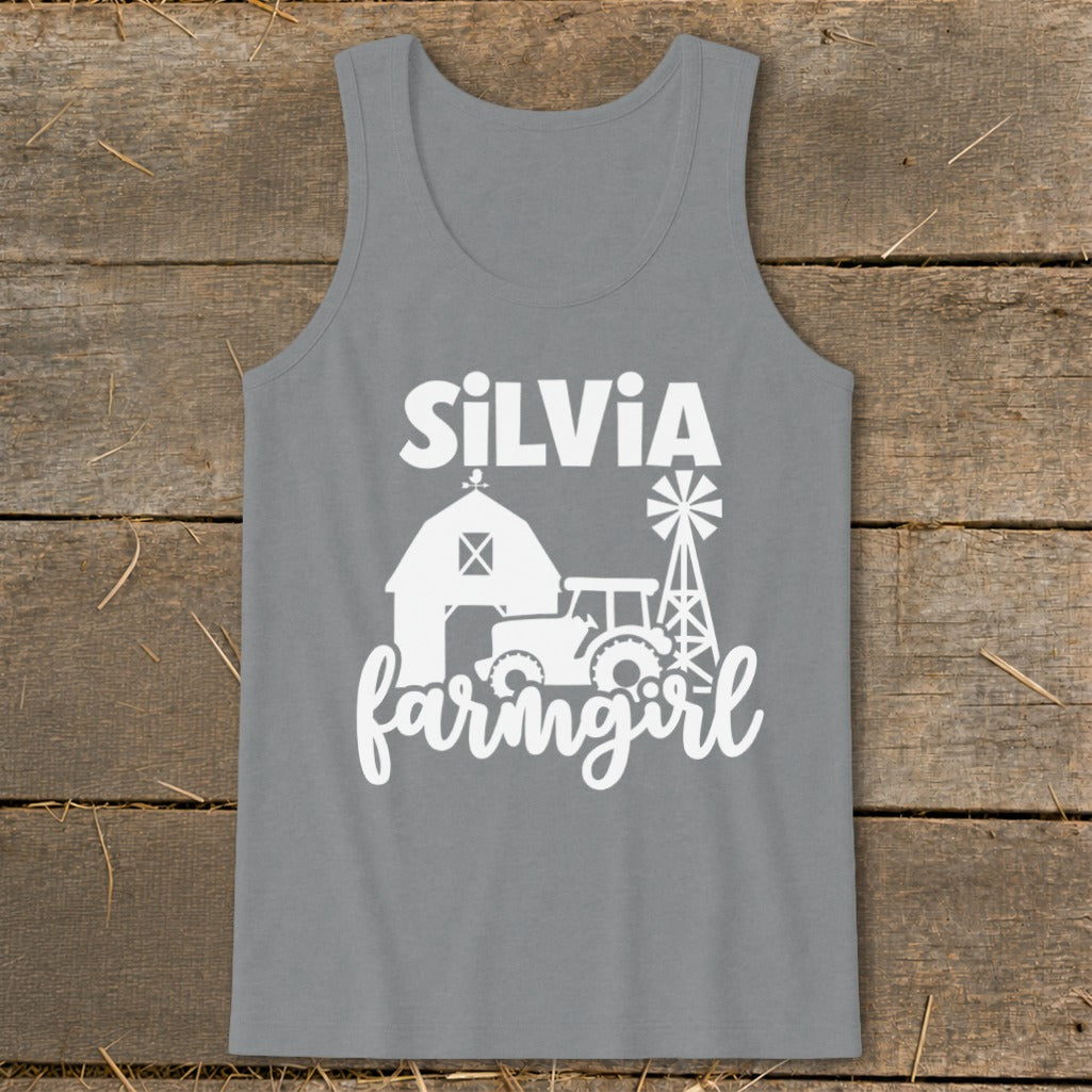 Grey tank top with white "Silvia farmgirl" text, barn, tractor, and windmill graphic.