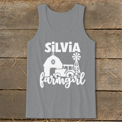 Grey tank top with white "Silvia farmgirl" text, barn, tractor, and windmill graphic.