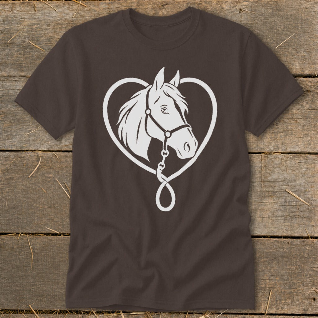A dark brown crewneck t-shirt featuring a white graphic of a horse head inside a heart outline.