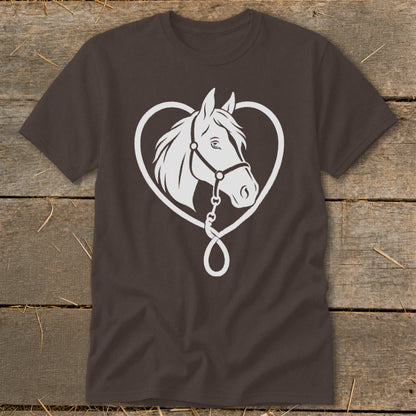 A dark brown crewneck t-shirt featuring a white graphic of a horse head inside a heart outline.