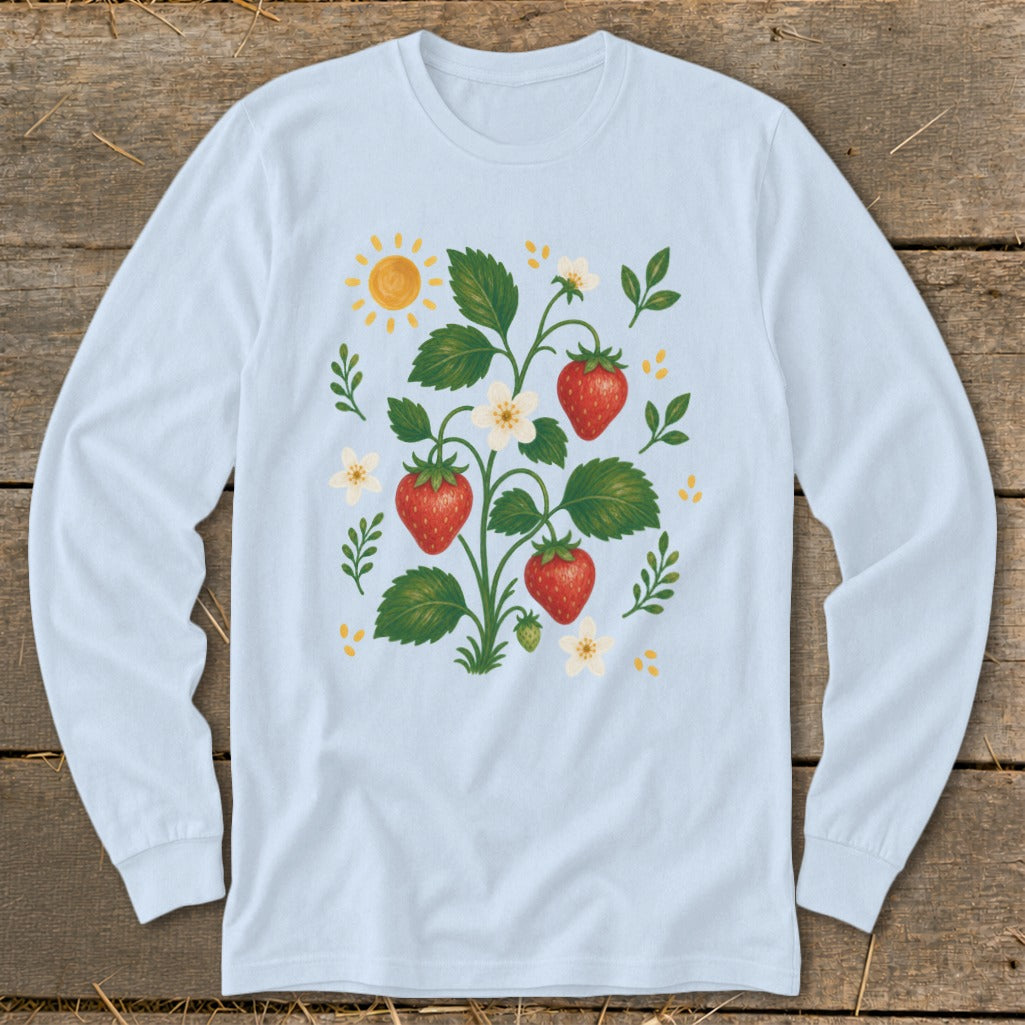 Light blue long-sleeve shirt with a strawberry plant illustration and a sun.