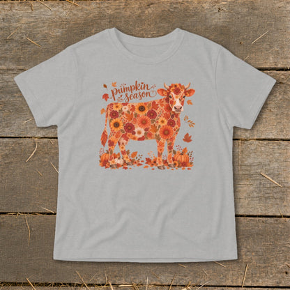 Cow made of autumn flowers and leaves with "Pumpkin Season" text.