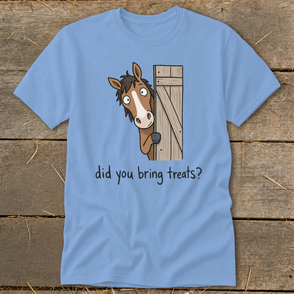 Light blue t-shirt with cartoon horse peeking from a wooden door, text "did you bring treats?".