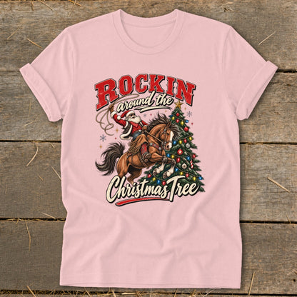 Santa riding a horse, swinging a lasso around a Christmas tree, text "Rockin' Around the Christmas Tree".