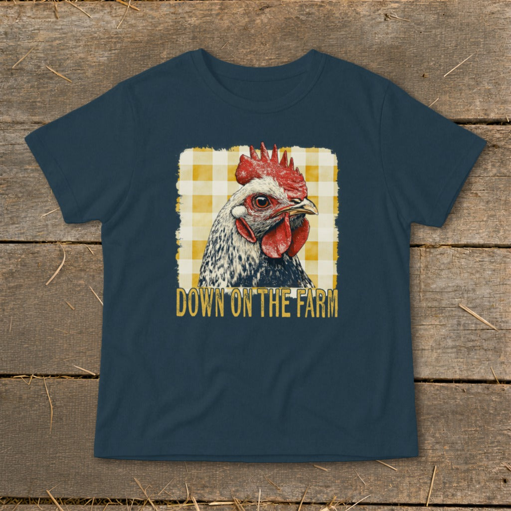 Navy t-shirt with a chicken graphic and text "DOWN ON THE FARM".