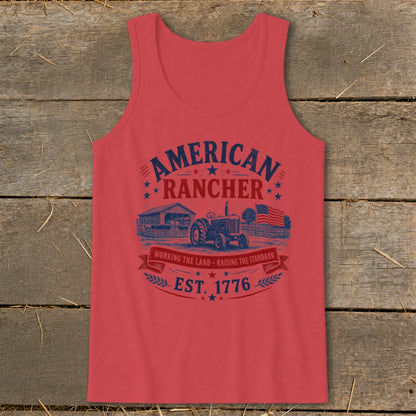 Red tank top with "American Rancher Est. 1776" design featuring a tractor and barn.