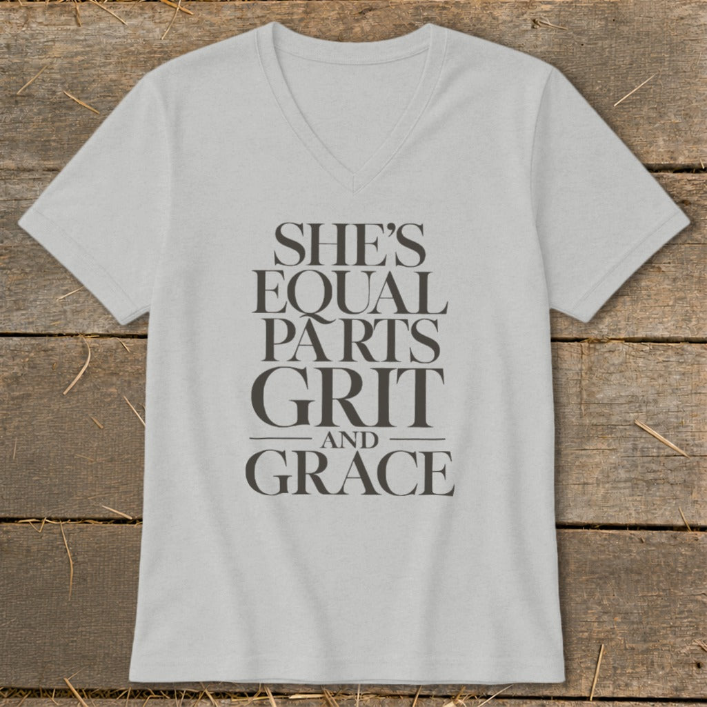 Light grey v-neck t-shirt with "She's Equal Parts Grit and Grace" text.