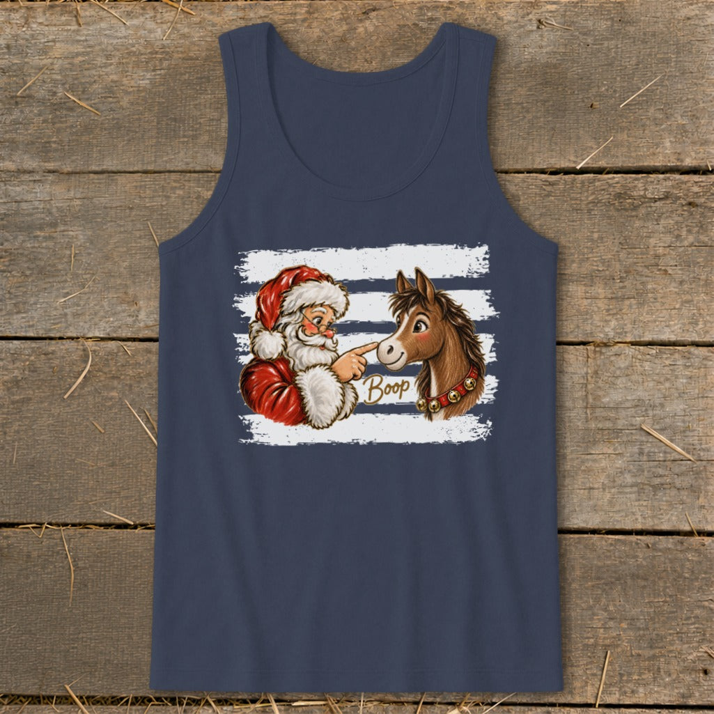 Santa boops a horse's nose with the word "Boop" on a navy blue tank top.