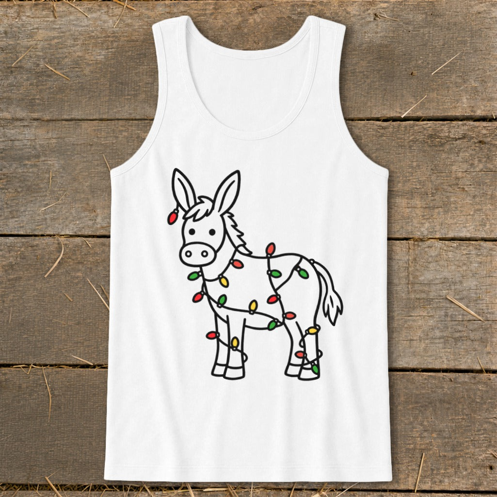 White tank top with a cartoon donkey wrapped in colorful Christmas lights.