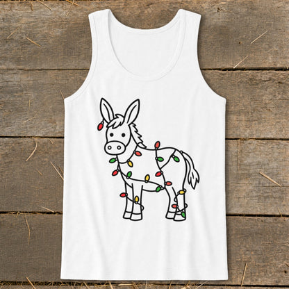 White tank top with a cartoon donkey wrapped in colorful Christmas lights.