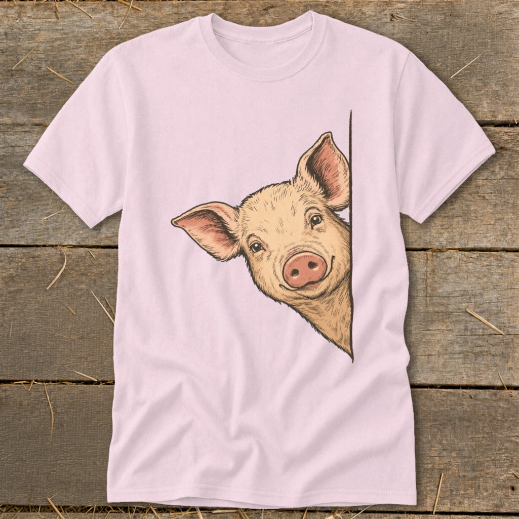 Pink t-shirt with a drawing of a curious pig peeking from the side.