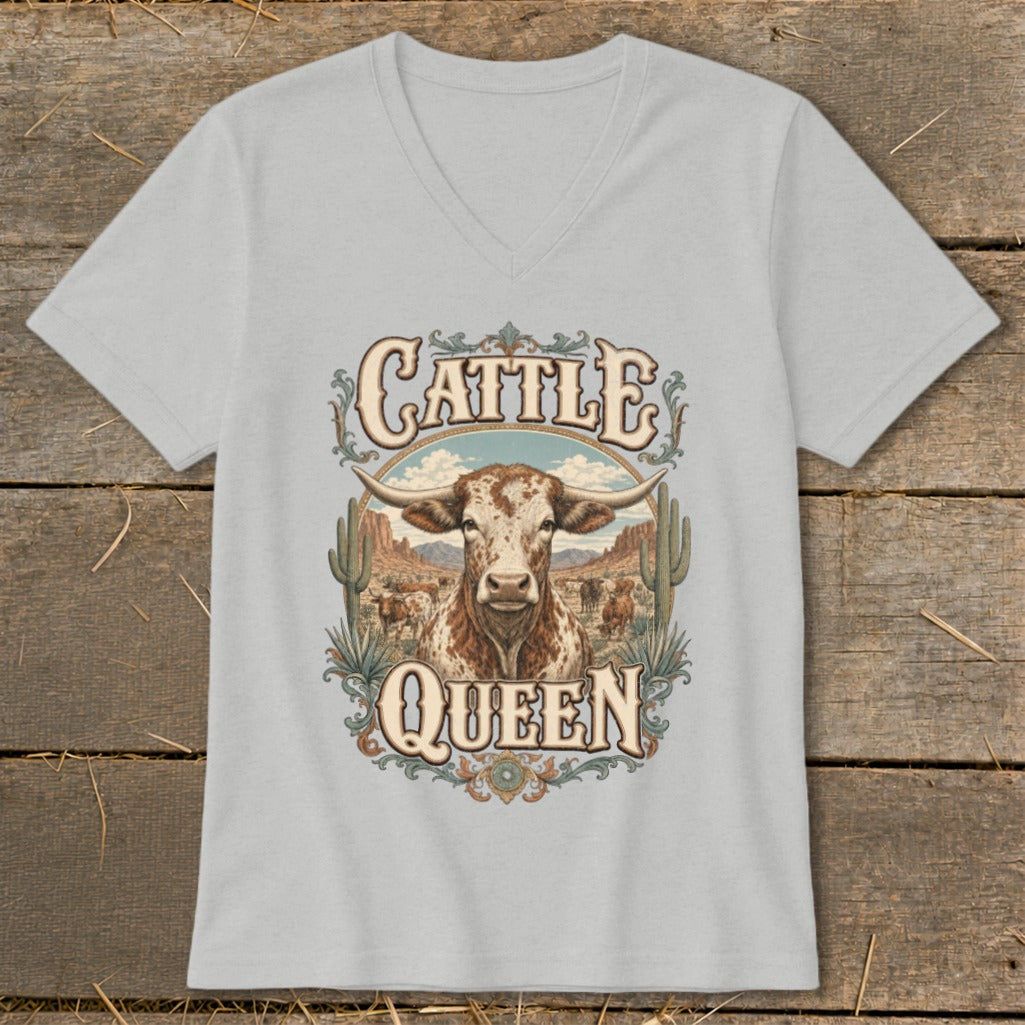 Light grey v-neck t-shirt with "Cattle Queen" text and a longhorn steer in a desert landscape.