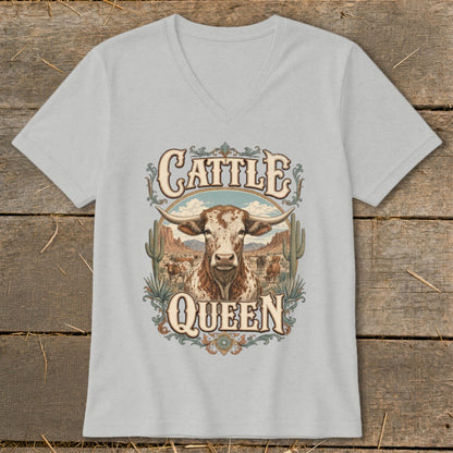 Light grey v-neck t-shirt with "Cattle Queen" text and a longhorn steer in a desert landscape.