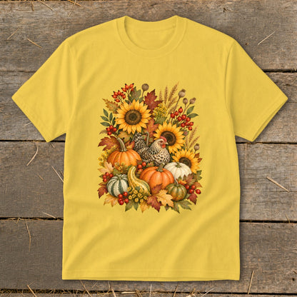 Yellow t-shirt with autumn harvest graphic of pumpkins, sunflowers, and chickens.