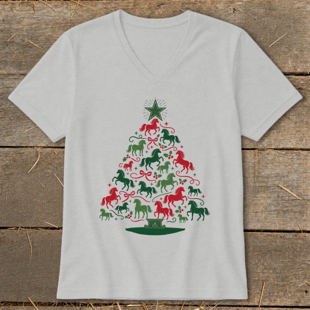 Light grey v-neck t-shirt with a Christmas tree silhouette made of red and green horses.