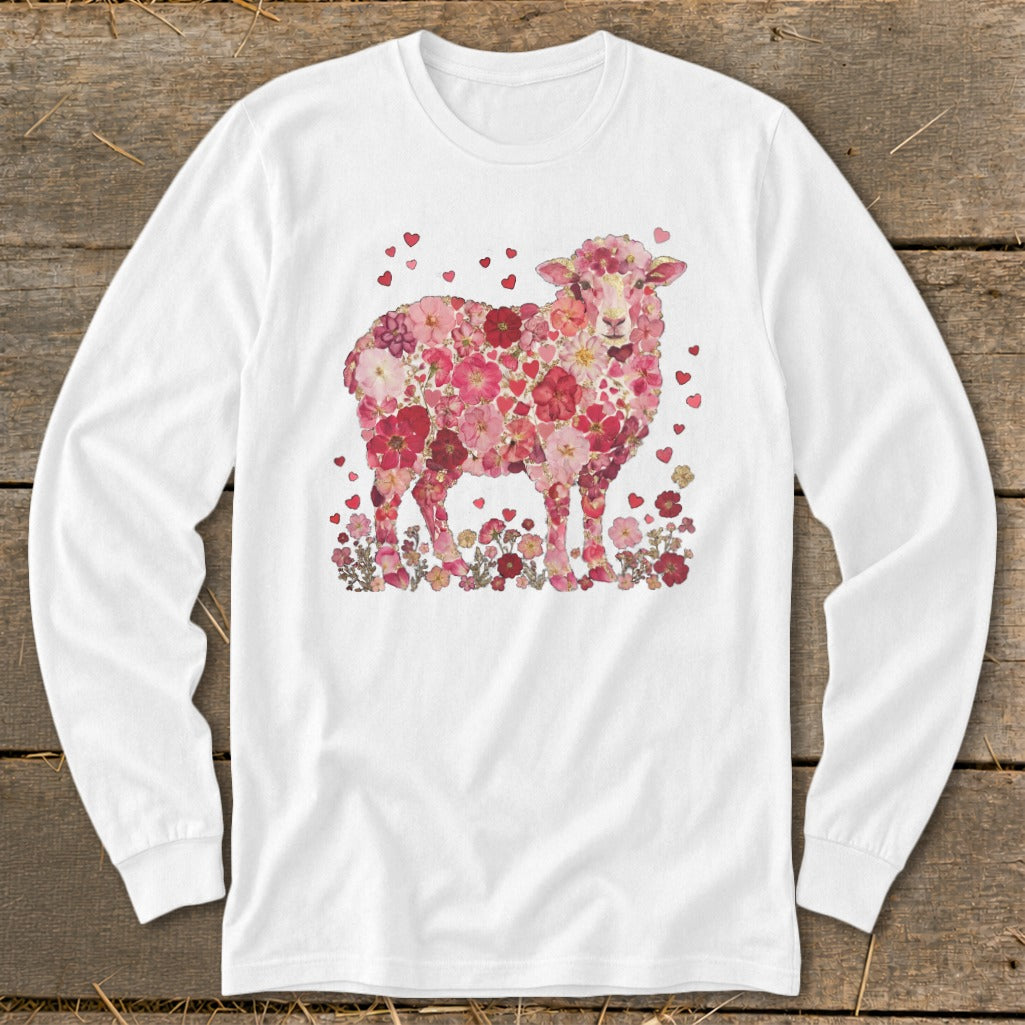 White long-sleeve shirt with a sheep silhouette made of pink flowers and hearts.