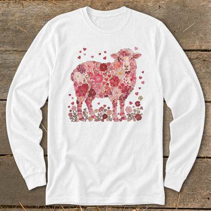 White long-sleeve shirt with a sheep silhouette made of pink flowers and hearts.
