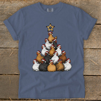 Christmas tree made of chickens wearing Santa hats, topped with a star.