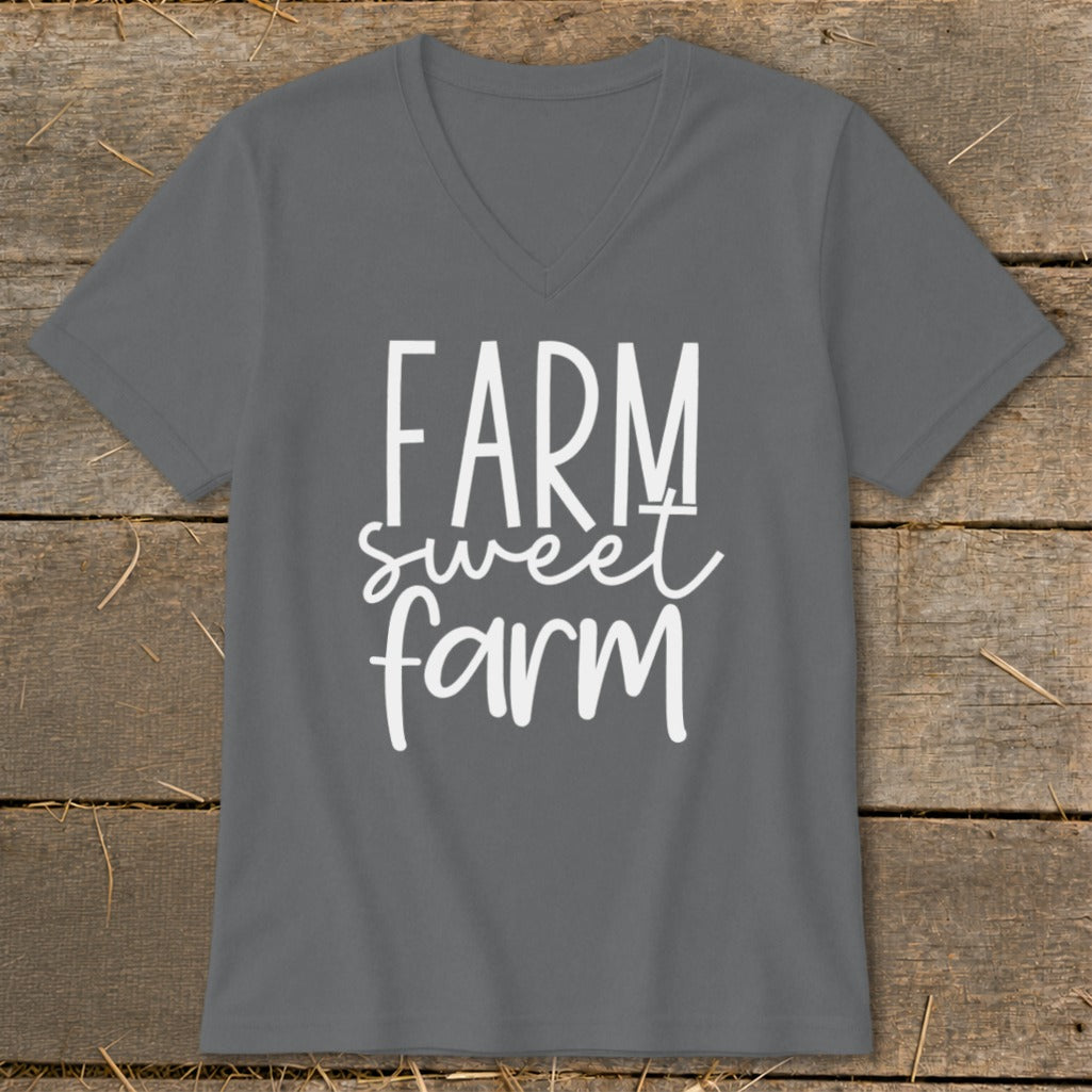 Grey v-neck t-shirt with white text reading "Farm sweet farm".