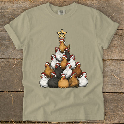 T-shirt graphic featuring a Christmas tree made of chickens wearing Santa hats.