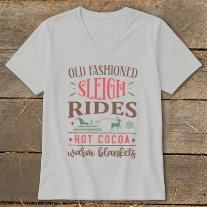 Gray v-neck t-shirt with "Old Fashioned Sleigh Rides Hot Cocoa Warm Blankets" text and graphics.