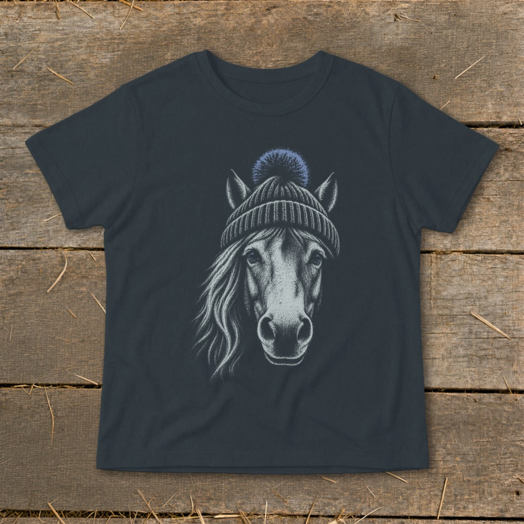 Charcoal t-shirt with a black and white drawing of a horse wearing a blue pom-pom beanie.