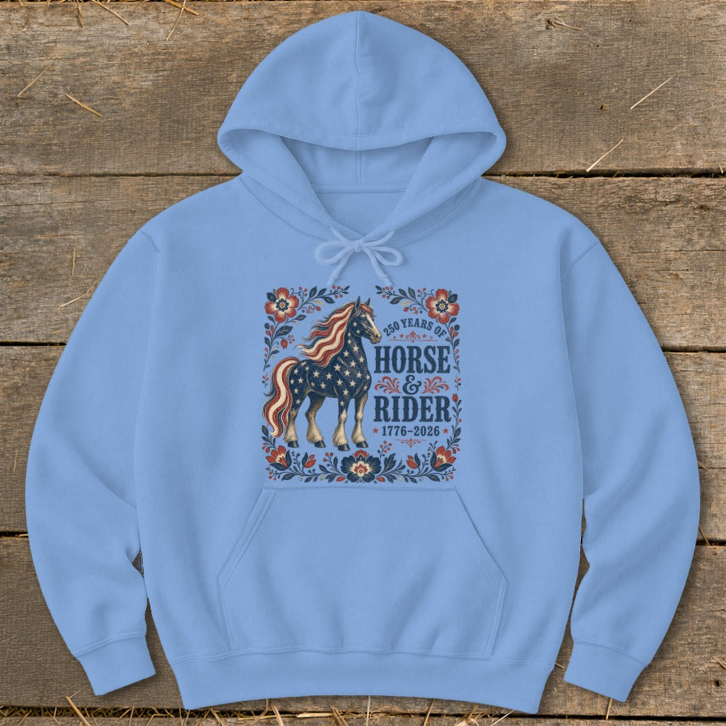 Light blue hoodie with a graphic of a horse and text celebrating 250 years of horse and rider.