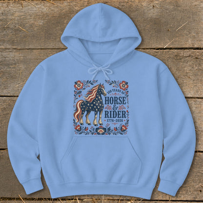 Light blue hoodie with a graphic of a horse and text celebrating 250 years of horse and rider.