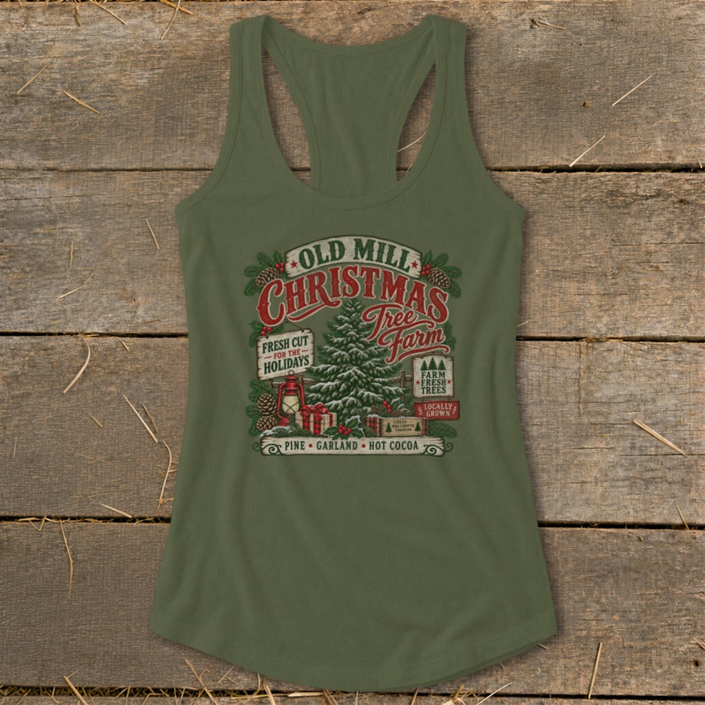 Green tank top with "Old Mill Christmas Tree Farm" vintage graphic.