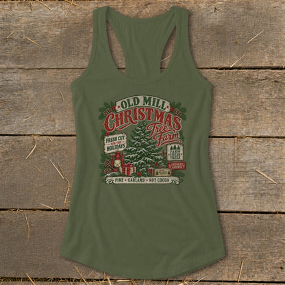 Green tank top with "Old Mill Christmas Tree Farm" vintage graphic.