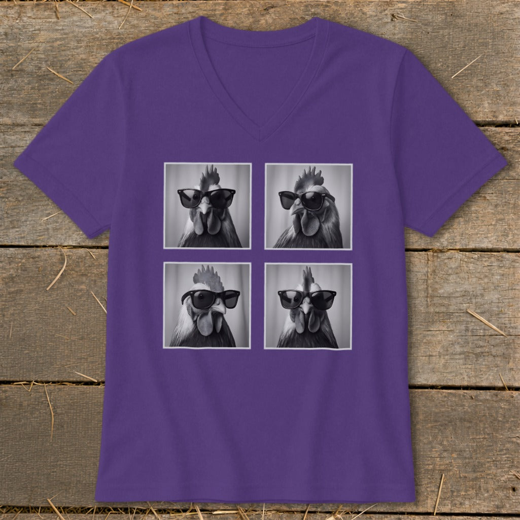 Purple v-neck t-shirt with four black and white images of roosters wearing sunglasses.