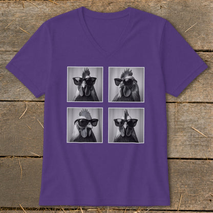 Purple v-neck t-shirt with four black and white images of roosters wearing sunglasses.