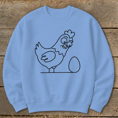 Light blue sweatshirt with a black outline drawing of a surprised chicken next to an egg.