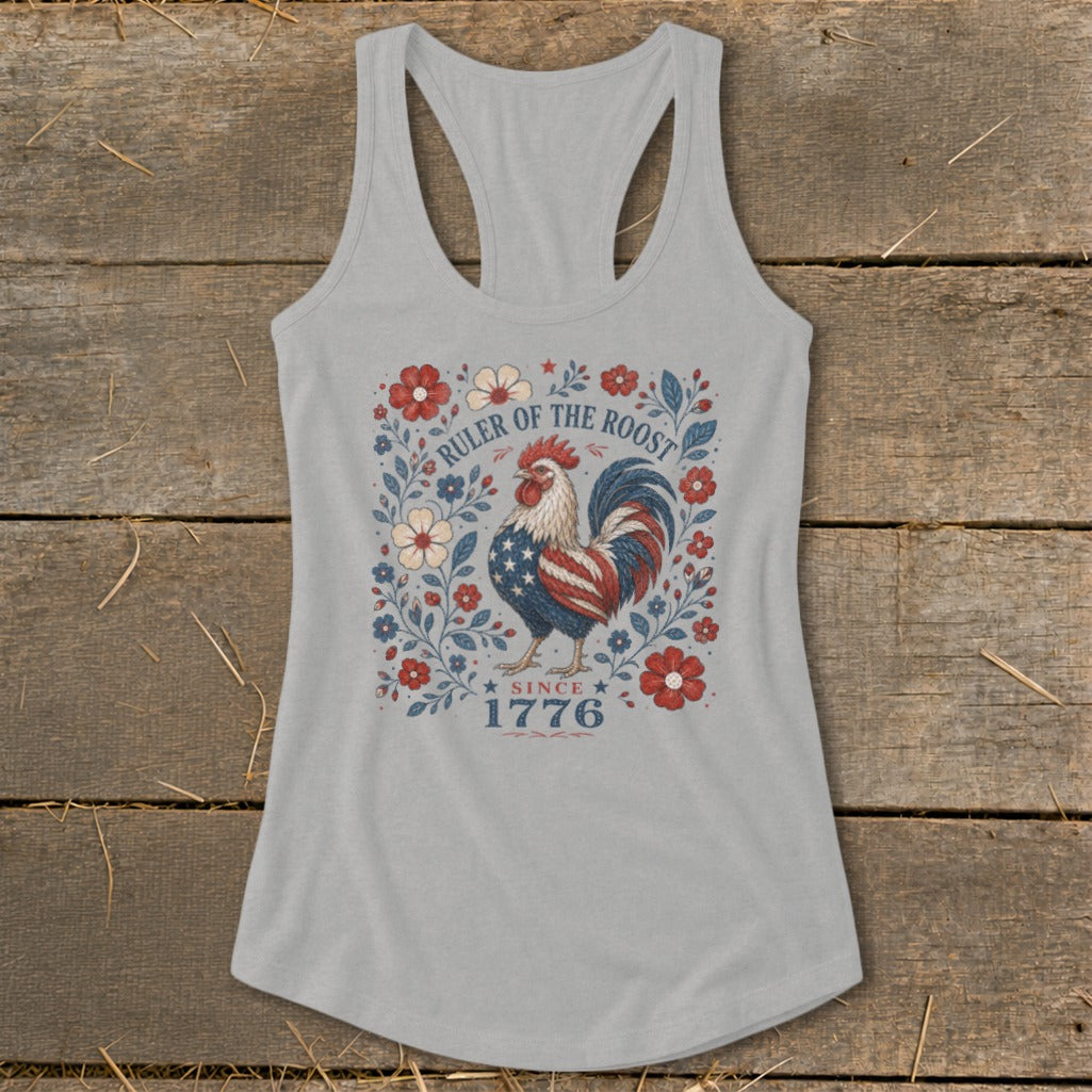 Gray tank top with patriotic rooster and floral design, "Ruler of the Roost Since 1776".