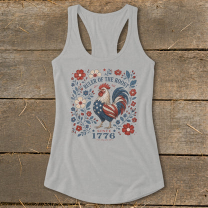 Gray tank top with patriotic rooster and floral design, "Ruler of the Roost Since 1776".