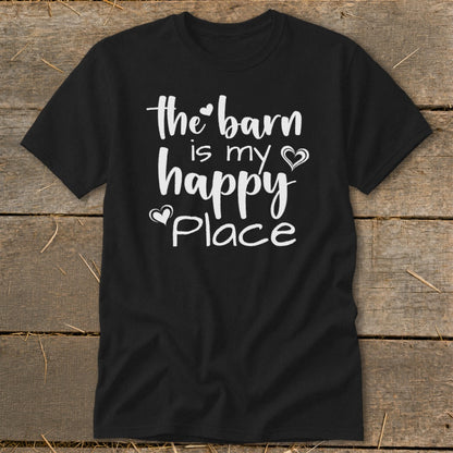 Black t-shirt with white text: "the barn is my happy place"