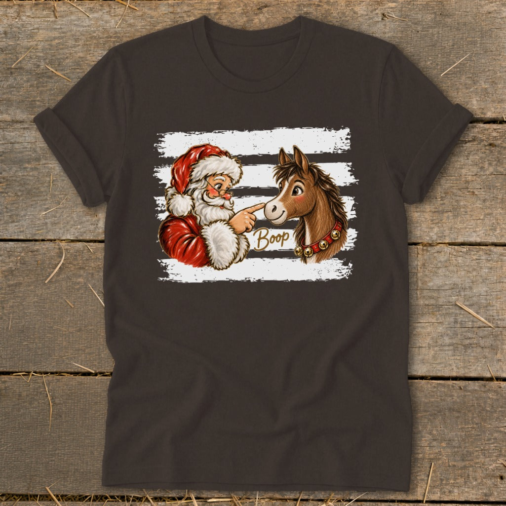 Santa boops a horse's nose with the word "Boop" on a dark t-shirt.
