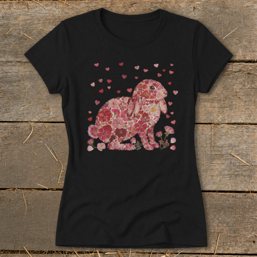 Black t-shirt with a rabbit made of pink flowers and scattered hearts.