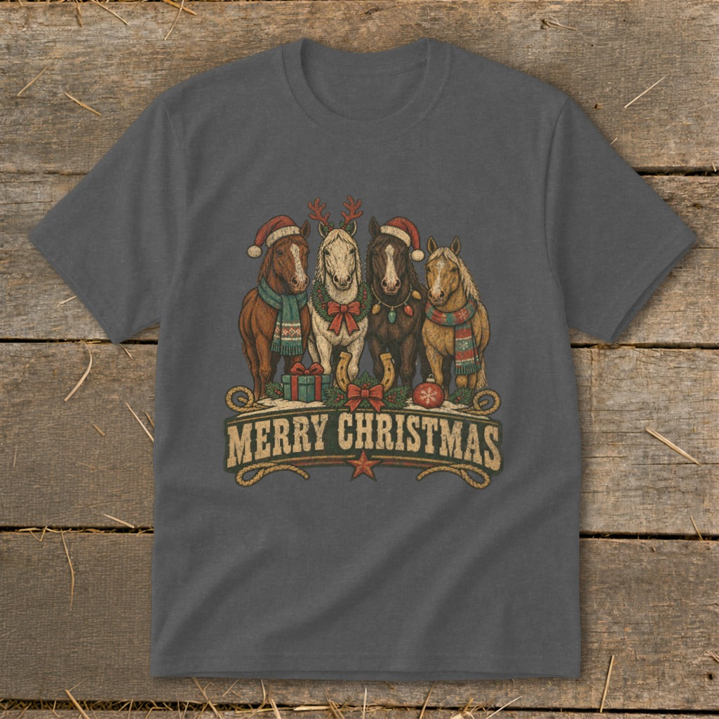 Four horses in Christmas attire with "Merry Christmas" text on a dark grey t-shirt.