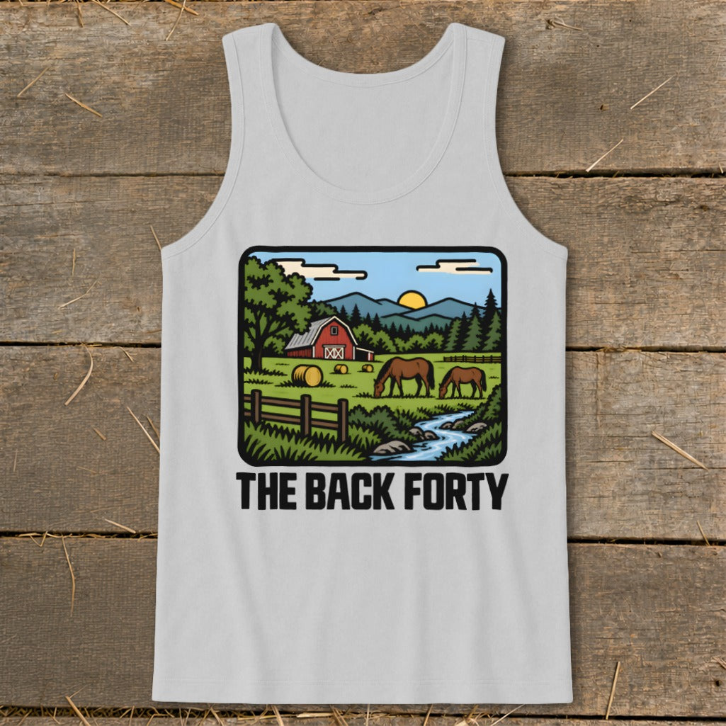 A light gray tank top featuring a graphic of a rural farm scene and the text The Back Forty.
