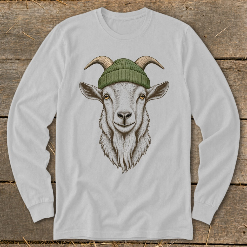 Goat head illustration wearing a green beanie on a white long-sleeve shirt.