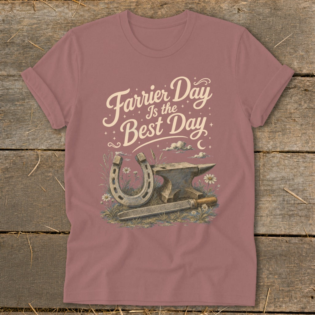 T-shirt graphic with horseshoe, anvil, rasp, and text "Farrier Day Is the Best Day."